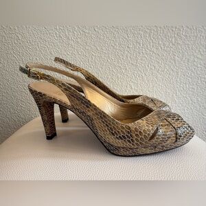 STUART WEITZMAN Size 6.5 Beige Gold Snake Slingback Peep Toe Heels Pumps Shoes